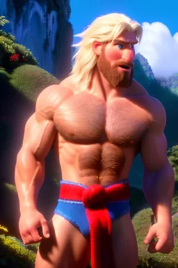 Ignore NSFW, teenager young rugged attractive slightly muscular fantasticly handsome blonde man, red briefs with yellow belt, hairy chest, (((visibly pisssing))) briefs, large erect visible boner peniss, photorealistic, artist Jay Anacleto, soft lighting, scruffy beard