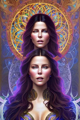 art by Alfons Mucha, stained glass motif, whole body image of beautiful Kate Beckinsale as Yennefer the Sorceress from The Witcher in a mystical enchanted forest opening a portal to another world, HD 4K, sharp detail, photo-realistic accurate face and features, cinematic lighting, award winning imagery