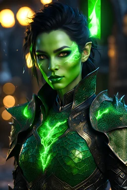 3.4 body shot, green skin,beautiful face, female gorgeous green skinnrf orc, 2 fang visible on mouth, thin, lightning crackle crested around her armor as symbols,dark hair, detailed glowing ornamental magical pattern armor, glowing gem crackling with lightning implanted on leather armor, 8k, high detail, market background, midnight, facing viewer, front facing