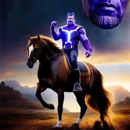 Ultra detailed fullbody Portrait in oil on canvas of Thanos with asgardian armor riding a Horse,extremely detailed digital painting, extremely detailed face,crystal clear eyes, mystical colors ,perfectly centered image, perfect composition, rim light, beautiful lighting,masterpiece,8k, stunning scene, raytracing, anatomically correct, in the style of Steve Jung and robert e howard and Wizyakuza and Ohrai Noriyoshi and Simon Bisley and uncannyknack.