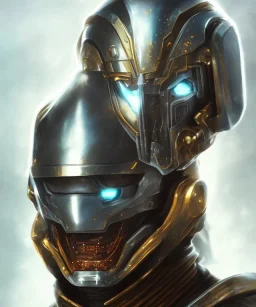 metallic robotic warrior helmet portrait, samurai style, shiny, glass cover, glowing eyes