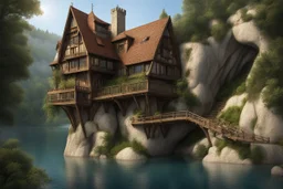 small wooden medieval gothic twisted house built into a cliff, trees, balconies, walkways, bridge, sunshine, lake