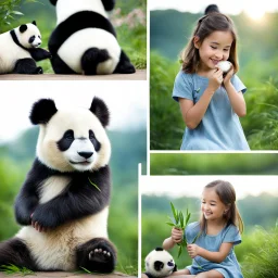 very beautiful realistic10 years old girl playing with a panda