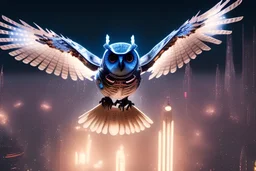 mechanical owl flying over a city, spread wings, starry sky, amber, metallic colors, cyberpunk, 8k, highest quality, smooth, sharp focus, illustration, digital painting, highly detailed, epic composition, cinematic, beautifully lit, artstation hq, behance hd, trending on artforum, dreamlike