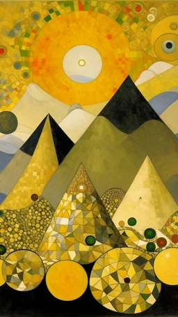 Pale yellow pyramids with suns on them painted by Gustav Klimt