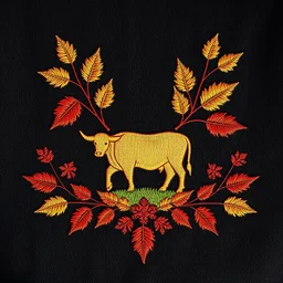 an autumn colored textured cloth embroidered ornamental leaves and cattle, pointed bottom, on dark background, american/canadian western style