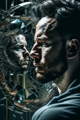 a man looking into a shattered mirror and seeing a horrifying, abstract monstrous reflection