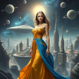 A breathtaking cosmic fantasy scene featuring a stunningly realistic beautiful woman with a perfect face and sculpted figure standing gracefully at the center of a floating CIFI town with Space craft landed over it. Surrounding her are CIFI buildings in deep space. She wears an elegant flowing gown in vibrant gold and blue hues that billow around her perfect form.