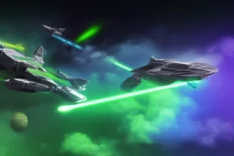 spaceship battle, spaceships, explosions, lasers, green lasers, explosions, painting