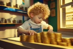 a curly-haired blond boy counts money and stacks gold coins in a modern nursery, in sunshine