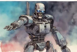 retro anime style, full color, dark serious 1980s anime terminator like robot, moebius artist, magic, watercolor,