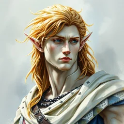 fantasy, dramatic portrait, marble statue of an elf male, watercolour, golden hair, warrior, mighty