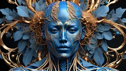 3D rendering of a blue head of an impressively detailed and complex hyper-realistic "human anatomy": scientific, single object, glossy white, shiny gold, vines, tribalism, black background, shamanism, cosmic fractals, octane rendering, 8k post-processing, detailed metallic bones, dendritic, artstation: award-winning: professional portrait: atmospheric: commanding: fantastic: clarity: 16k: ultra quality: astounding: shine: stunning colors: stunning depth