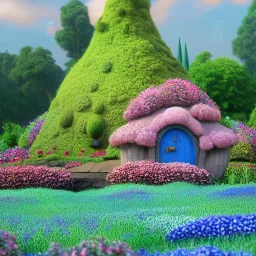 Pixar studio ghibli gnome mushroom cottage blue roof with blue flowers door, hydrangeas around house hills fantasy land beautiful flower landscape alien world pink puffy trees, stylized painting, 3d 4k octane render.