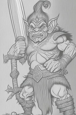 coloring book page of a gigantic troll holding a sword