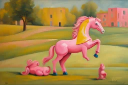 Big pink plastic toy horse.19th painting