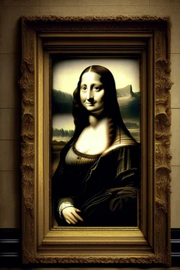 Mona Lisa, stepping out of the picture frame, at the Louvre