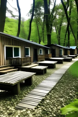 5 cabins on the left and the right with a center walkway and a backyard deck with a outdoor kitchen