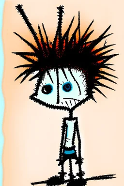 2d drawing of a stickman, cool with punk hair, x eyes like in hangman, standing, back view, slightly bended over and looking back into the camera, smiling,close-up ,3d realistic in colour