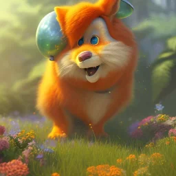 pixar style, 3d, volumetric summer garden environment and background, realistic painting of orange, looking excited, volumetric lighting, dramatic lighting, detailed digital painting, extreme dense and fine fur, anime, ornate, colour-washed colors, elegant, small minutiae, tiny features, particulars, centered, smooth, sharp focus, renderman gofur render, 8k, uhd, detailed eyes, realistic shaded volumetric lighting, sunlight caustics, backlight, centered camera view