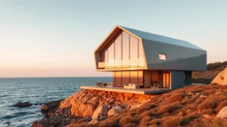 By the sea, the house rises like a modern beacon. The ground floor, in orange hues, blends with the sunset colors, while the upper floor, with its sharp glass body, reflects the shimmering ocean and the clear sky, seamlessly integrating the architecture with its natural surroundings.