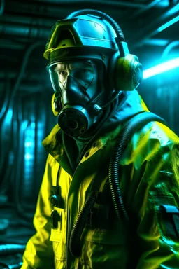 Cyberpunk man wearing protective gear mining uranium