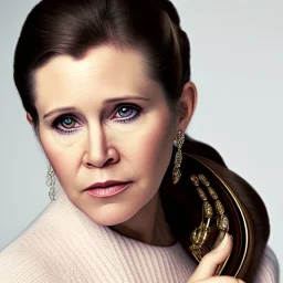 realistic analog style photography, Beautiful photorealistic close up face of carrie fisher, soft ethereal skin, symmetrical hairstyle,studio lighting, sharp brown eyes, dark plain background