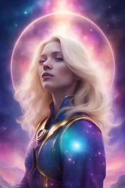 cosmic traveller woman, blonde hair, blue, purple, pink, gold, light aurora background