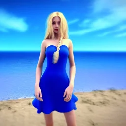 Beautiful full body woman blue eyes long blond hair in an hippy blue flower dress on a beach, unreal engine, 4k