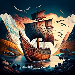 Generate an iconic Norwegian Viking ship transformed into an artistic masterpiece, with the ship serving as the canvas for creative expression. illustration of a Norwegian landscape in a unique, artistic style.