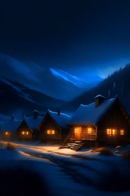 Arrière-plan Une scène nocturne d'hiver sereine dans une région montagneuse, où les maisons traditionnelles au toit de chaume sont recouvertes de neige. La lueur chaleureuse des lumières provenant des fenêtres suggère une atmosphère chaleureuse à l’intérieur, contrastant avec les tons bleus froids du paysage enneigé. L'obscurité du ciel nocturne et de l'environnement environnant accentue l'éclairage des maisons. Il y a un soupçon de présence humaine dans cette zone isolée, comme en témoignent l