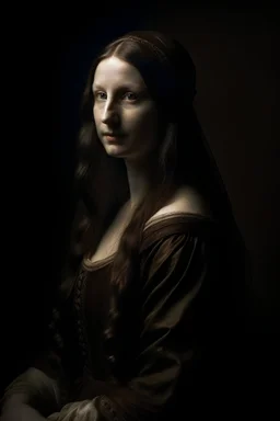Una mujer de la época antigua, con el pelo recogido y un vestido mangas cortas, en un plano medio desenfocado, que la rodee una luz tenue pero a la vez oscura, al estilo de LEONARDO DA VINCI.