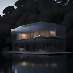 modern house,Ethereal glass structure suspended over a serene body of water, showcasing the innovative architectural style of Renzo Piano, captured by Hiroshi Sugimoto
