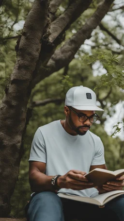 A man wears a white Dad Hat and wears glasses and is busy reading with a tree behind him, high resolution, and the image focuses on the Dad Hat