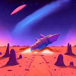blue spaceship landed in an orange empty desert and pink sky with a meteor shower cartoon