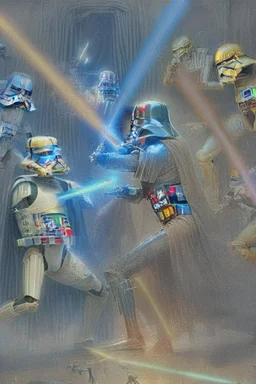 Darth Vader battling Luke Skywalker with lighsabres, while C3PO and R2D2 look on in horror.