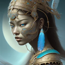 Sango fantasy, fantasy magic, intricate, sharp focus, illustration, highly detailed, digital painting, concept art, matte, art germ and Paul Lewin and Kehinde Wiley, masterpiece Mayan princess dancer head bronze feather's' Asian Latin girl nice breast brown Thai hair turquoise silver blue sky