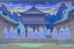 A light purple haunted prison with slimy ghosts designed in Japanese Oni masks painted by Vincent van Gogh
