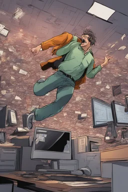 An excited guy who is jumping up and down Infront of his PC, excited,the stock market is rising, 8k quality , highly detailed and super realistic, motion caption style