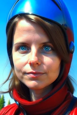 Fotorealistisch Frau in roter Lederkombination mit rotem Motorradhelm schaut Betrachter mit hellblauen Augen durch Visier an