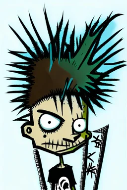 2d drawing of a stickman, cool with punk hair, x eyes like in hangman, showing piece sign,3d realistic in colour