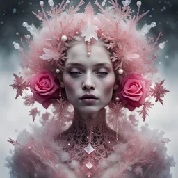 photo RAW, (Black, pink, fuchsia, red : Portrait of a ghostly long tailed crystal, white ice crystals, opal snowflakes, rose gold minerals, woman, shiny aura, highly detailed, frozen organically grown crystals, gold and pearl filigree, intricate motifs, organic tracery, Kirnan Shipka, Januz Miralles, Hikari Shimoda, glowing stardust by W. Zelmer, perfect composition, smooth, sharp focus, sparkling particles, lively coral reef background Realistic, realism, hd, 35mm photograph, 8k), masterpiece,