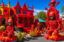 A red Day of the Dead themed town with fiery ghost peppers designed in Hawaiian tiki statues