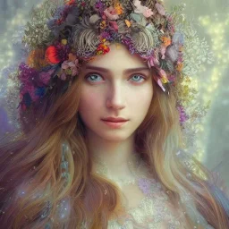 portrait,"Insanely detailed photograph of a beautiful nordic vestal priestess, pretty face, highly intricate dress,colorful flowers in hair,elegant, highly detailed hair, digital painting, artstation, concept art, smooth, sharp focus, illustration, art by artgerm and greg rutkowski and alphonse mucha, 8 k, natural eyes