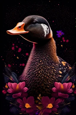 duck, out her mind, beautiful colorfully flowers and star pattern on fur front facing dark smooth colors high contrast background darkred tones,