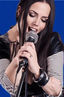 attractive female country music singer leaning forward while holding microphone in front of them, change clothing to plaid in natural tones, leather bracelets on wrists, long hair, mouth open, singing, rings on fingers