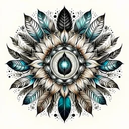 realistic image like a photo of mandala with feathers and leaves