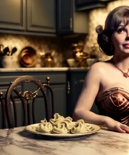 Ultra realistic photographic portrait, happy elegant Gina Lollobrigida woman sitting with arms resting on Italian kitchen table, pretty tortellini dish, classic style decoration, cold, soft color, highly detailed, unreal engine 5, ray tracing, RTX, lumen lighting, ultra detail, volumetric lighting, high definition.