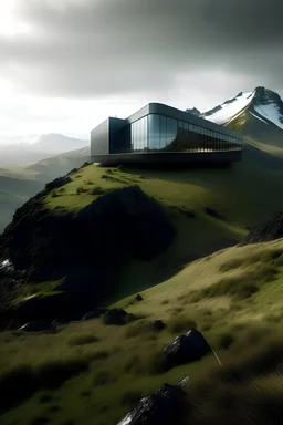 a futuristic big mansion on top of a big mountain in iceland