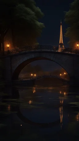 Paris and the bridge on the Sean river at night , in professional concept art, medieval magic path at night, full of details , a great quality picture , 8k , cinematic
